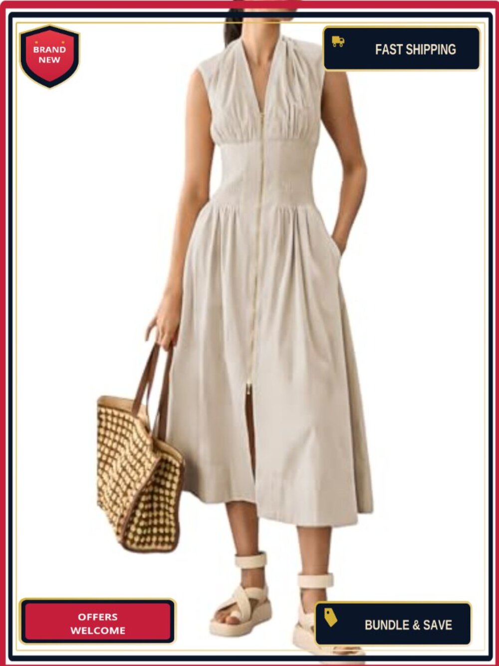 Womens Midi Dress Deep V Neck Zip Up Cap Sleeve Smocked Waist Summer Casual